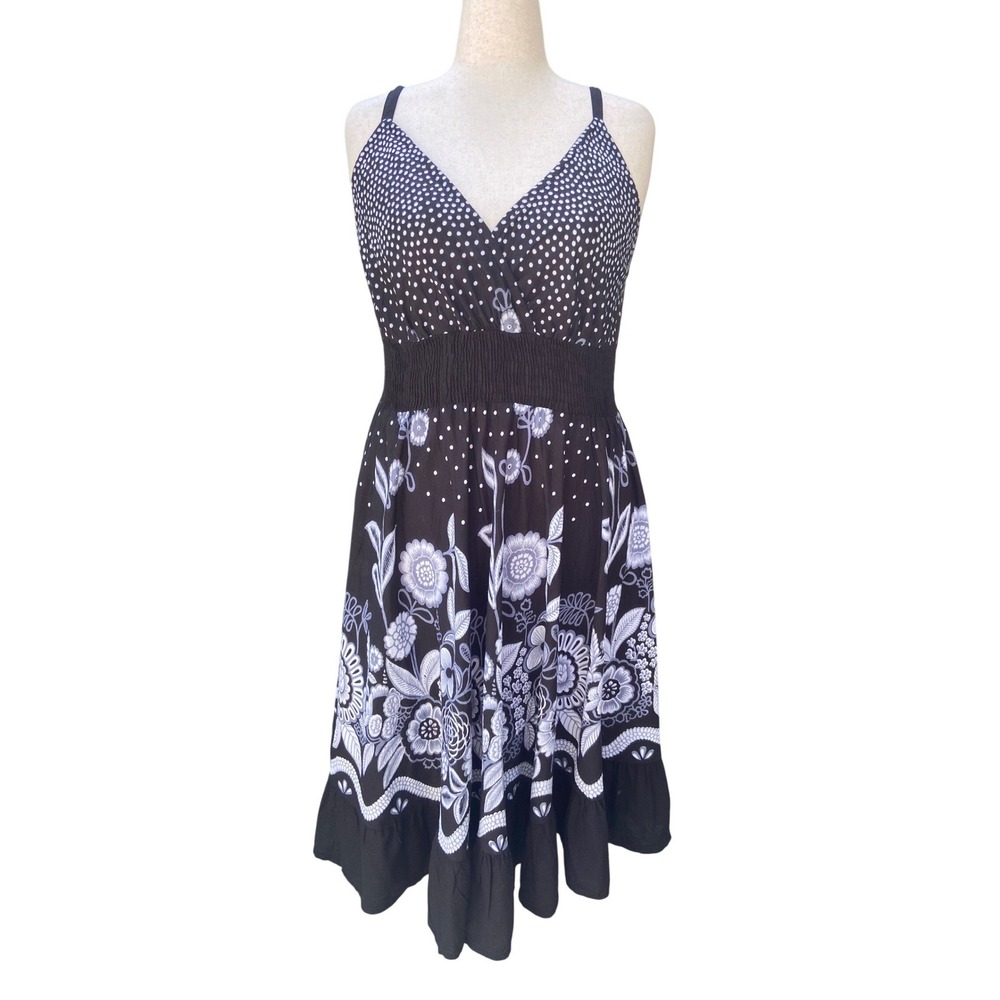 Boho Black White Sundress Floral Polka Dot Empire Waist